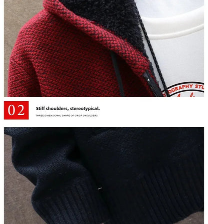 Men's Autumn/winter Hooded Knit Jacket Fleece-lined Thickened Casual Loose-fit Knitted Cardigan Outer Wear Sweater
