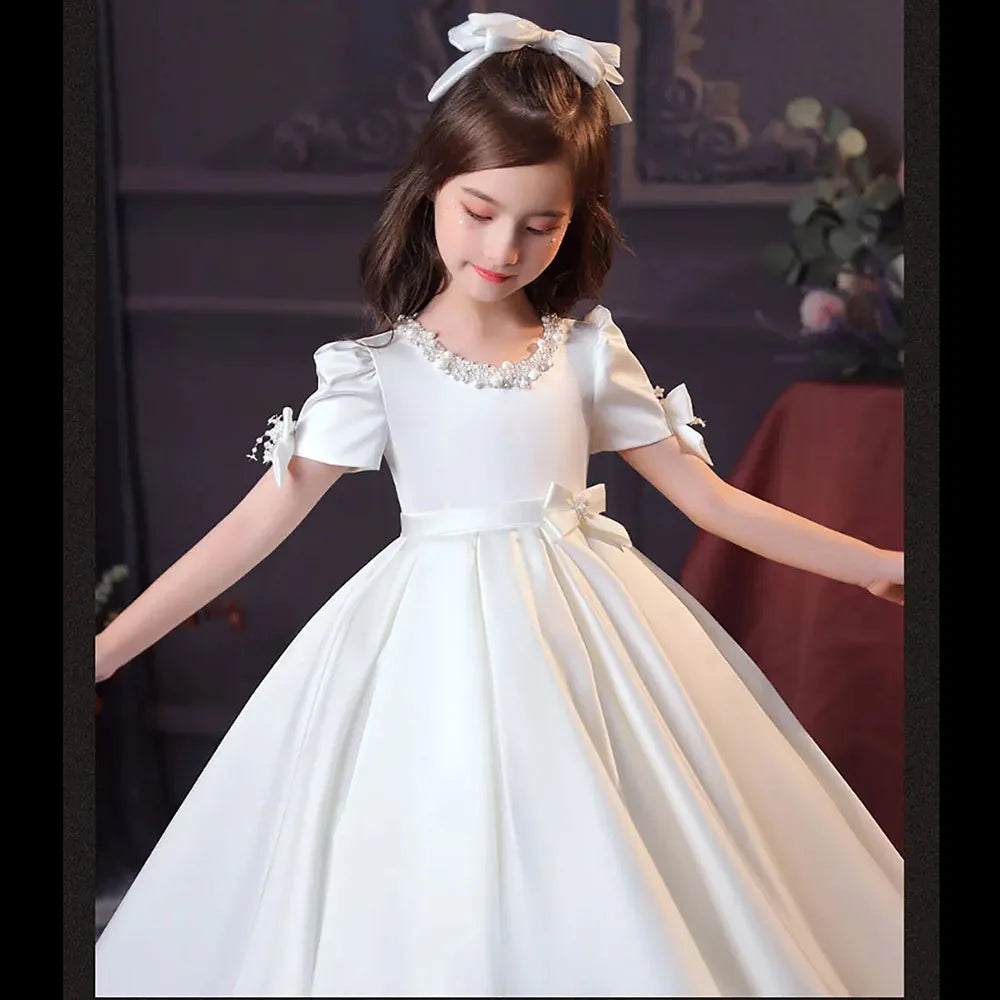 Little Girls White CeremonY Communion Dress Kids Birthday Party Ball Gown Girls School Piano Performance Dresses Fromal Beaded