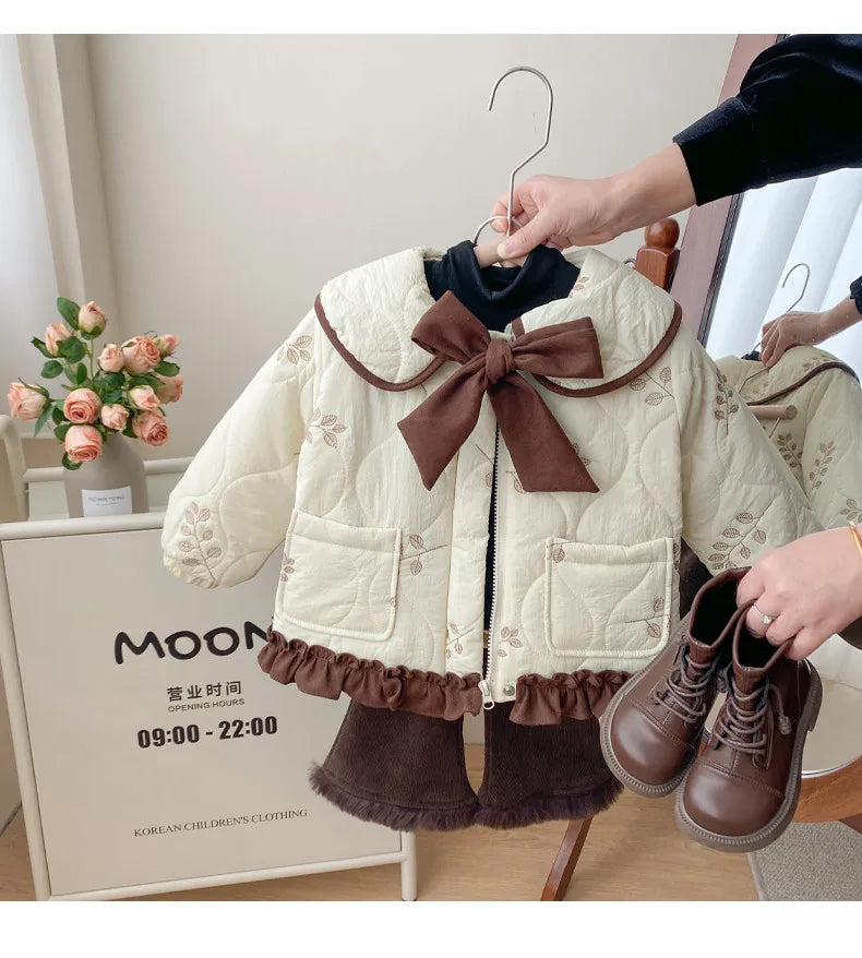 Winter Girls Coat Kids Baby Parkas Cotton Padded Plus Velvet Thickened Warm Children's Coat Solid Girls Embroidery Jacket