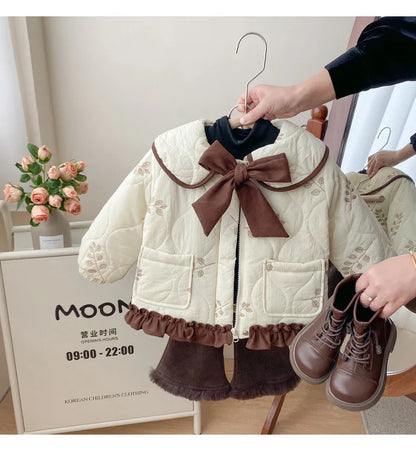 Winter Girls Coat Kids Baby Parkas Cotton Padded Plus Velvet Thickened Warm Children's Coat Solid Girls Embroidery Jacket