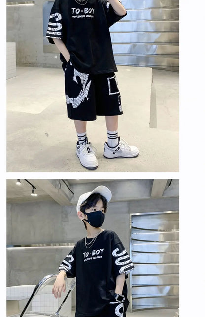 Boys Summer Trendy Casual Sports 2pcs T-shirts+Pants Suits 3-14 Years Teenage Boys Hip Hop Style Fashion Outfits Clothes Sets