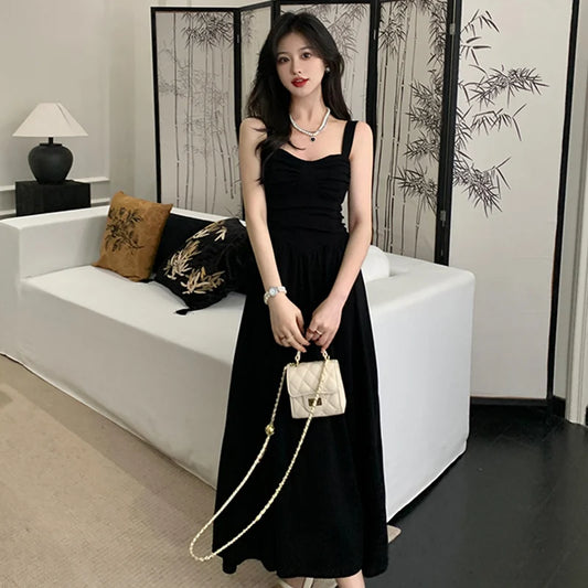 New Summer Women Elegant Black Suspender Dress Lady Concise Beach Prom Goddess Dress Female Classic Backless Ruched Long Dress