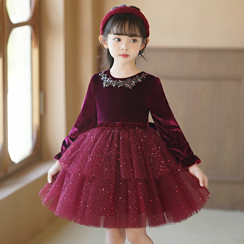 Girls' Autumn/Winter fleece dresses wine red elegant mesh shaggy dress Christmas Long Sleeve Gown