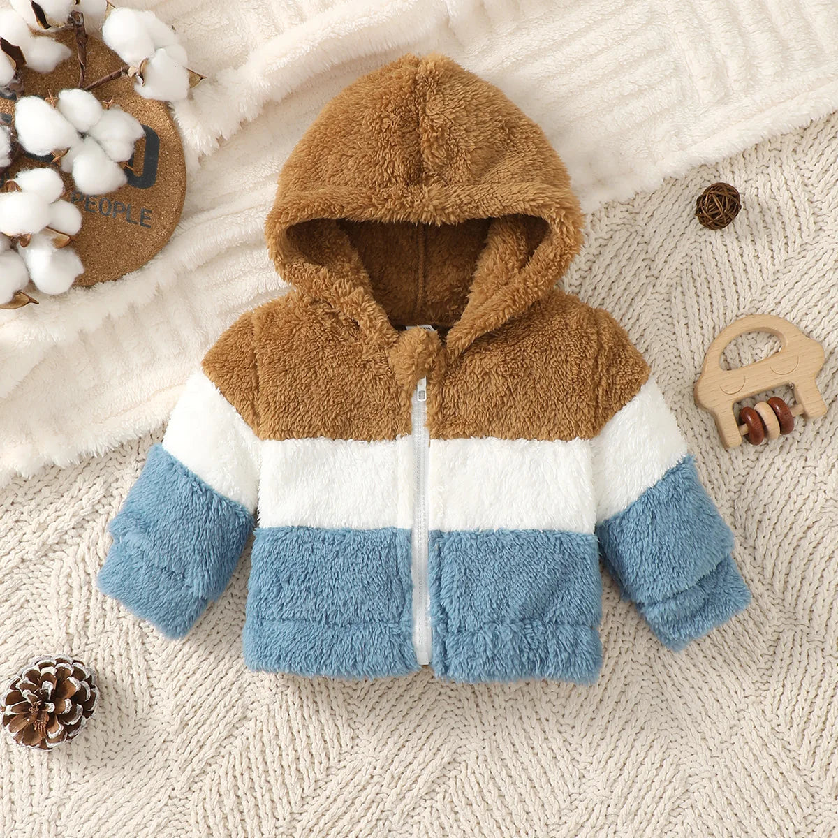 Baby boy Winter Color Blocked Plush coat Hood and Warm Zipper Coat for Baby boys, suitable for Newborns aged 0-9 Months