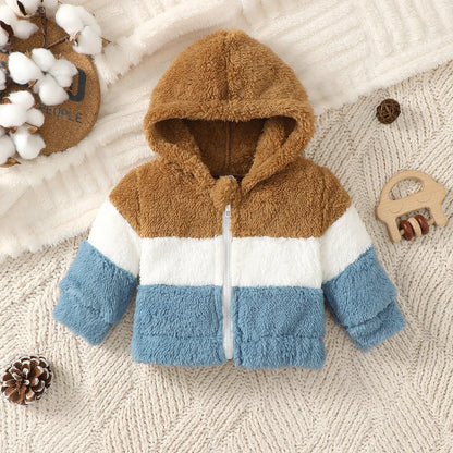 Baby boy Winter Color Blocked Plush coat Hood and Warm Zipper Coat for Baby boys, suitable for Newborns aged 0-9 Months