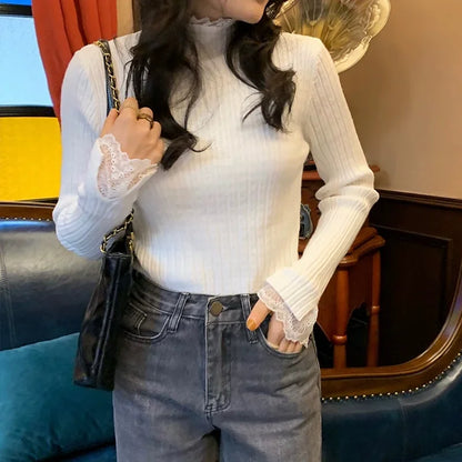 autumn Knitted Turtleneck Long Sleeve Slim Jumper Tops Women Sweater Pullover Lace splicing Ladies Casual Shirts Soft Clothing