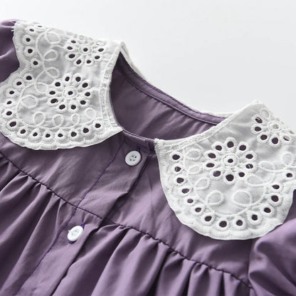 Girls Summer Dress Lace Collar Puff Sleeved Elegant Baby Kids Princess Birthday Dresses Children Clothes Vestidos  3-7 Years Old