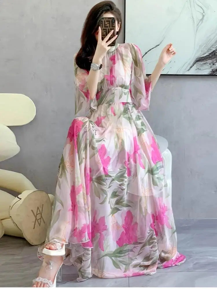 Summer Holiday Floral Dress Women Beach Flower Print Flare Sleeve Back Bow Lace Up High Waist Draped Chiffon Party Long Vestidos