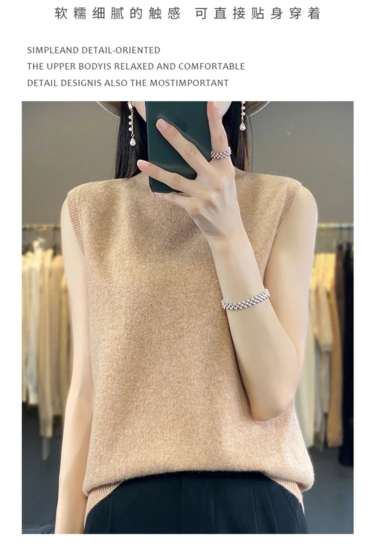 2024 Cashmere Vest Women's 100% Merino Wool Pullover Indoor Sleeveless Sweater Half-turtleneck Office Tops Waistcoat