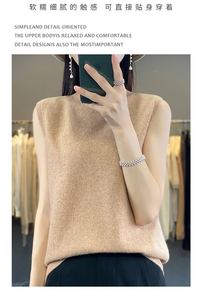 2024 Cashmere Vest Women's 100% Merino Wool Pullover Indoor Sleeveless Sweater Half-turtleneck Office Tops Waistcoat