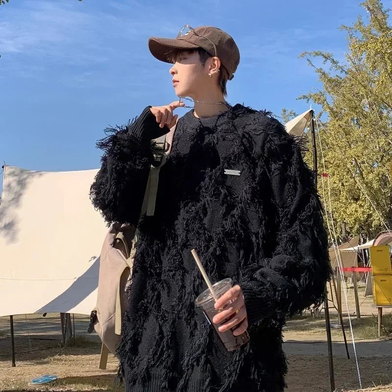 Winter Men's Ripped Fringe Raw Edge Sweater Hip Hop Fashion Knitwear Pullovers Y2K Vintage Streetwear Knitted Jersey Clothes