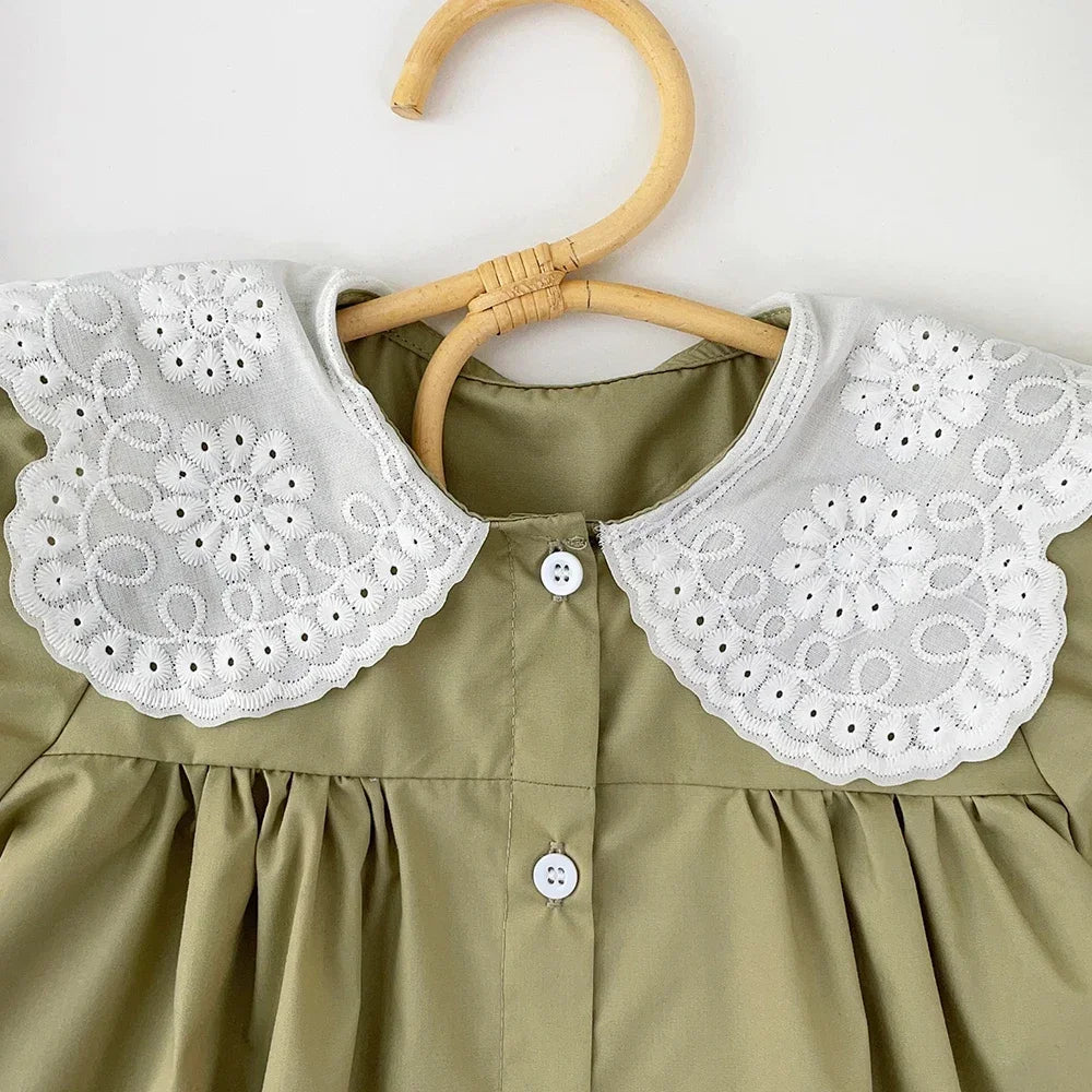 Girls Summer Dress Lace Collar Puff Sleeved Elegant Baby Kids Princess Birthday Dresses Children Clothes Vestidos  3-7 Years Old