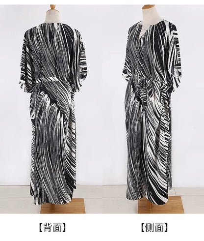Women's Dress Fashion Beach Vacation Striped Printed Robe 2023 Summer New Casual Vintage Loose Waist V-Neck Long Dresses Female