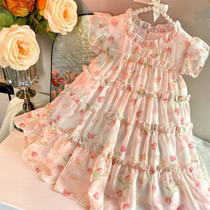 New Girls' Dress Summer Dress 2025 Korean Version Stylish Children's Floral Dress Super Fairy Little Girl Princess Dress