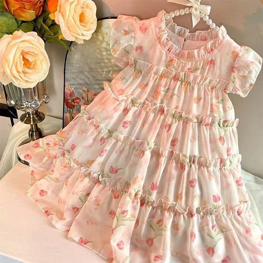 New Girls' Dress Summer Dress 2025 Korean Version Stylish Children's Floral Dress Super Fairy Little Girl Princess Dress