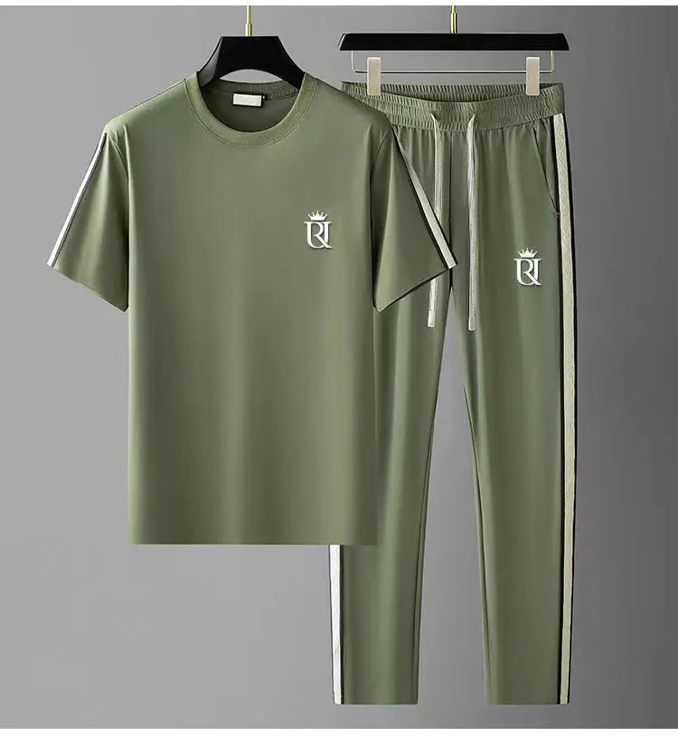 Summer Men's Casual Sportswear Set, Summer Fashion 2-Piece co ord set With Short Sleeve T-Shirt & Side Stripe Pants