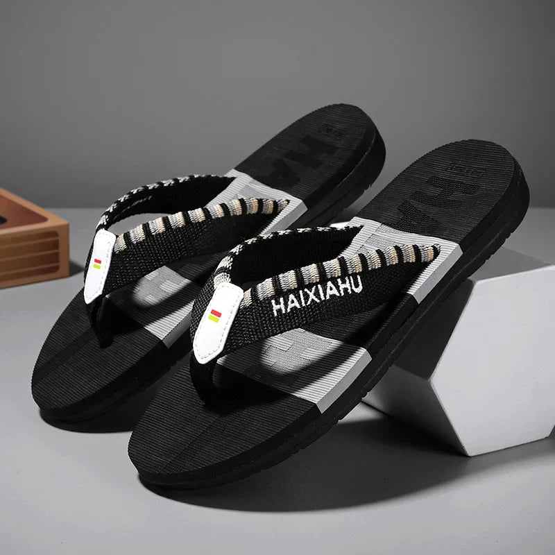 Men Slides Cloth Tape Woven Color Matching Stripe Wear-resistant Slippers Size 39-45