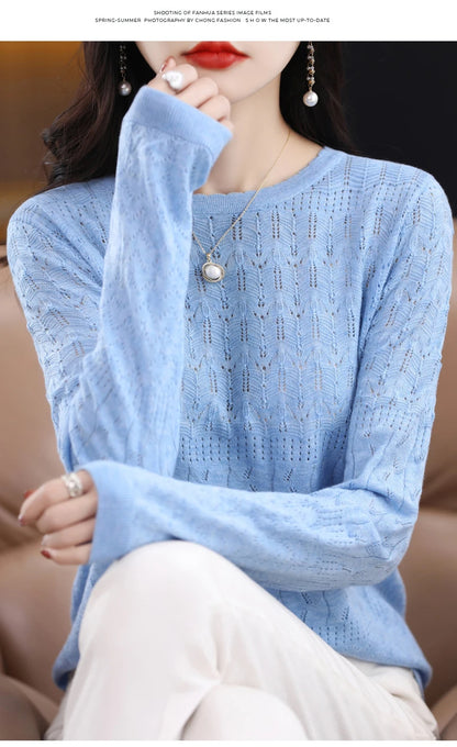 Worsted Wool Sweater Women's Spring 2023 New Western-Style Solid Color Round Neck Top With Long Sleeve Bottom Hollowed-Out Thin