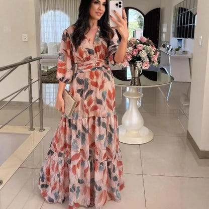 Summer Women Dresses Floral Print Ruffles Boho V-neck Short Sleeve Casual Loose Beach Dress Elegant Holiday Maxi Long Dress Robe