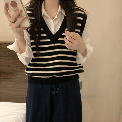 Women Autumn Winter Preppy Style Sweater Vest New Fashion Pullover Elastic Knit Ladies Jumper Casual Stripped Female Basic Tops