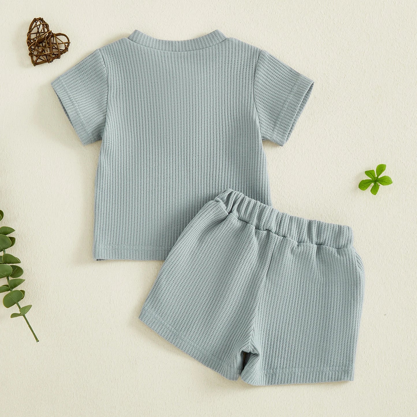 Toddler Baby Boys Summer Clothing Sets Solid Color Short Sleeve O-neck Button Waffle T-shirts Tops with Shorts 2ocs Outfits