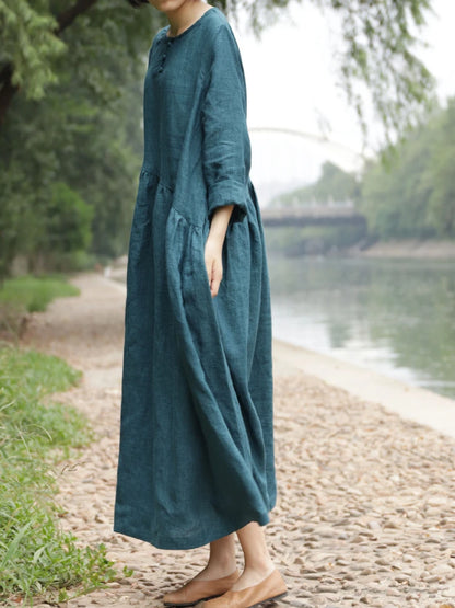 Summer Dress for Women 2023 Fashion Solid Cotton Crewneck Loose Casual Long Sleeve Women Dresses Robe Streetwear Women Clothing