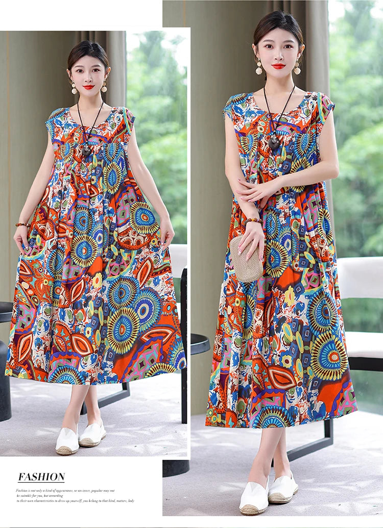 New Fashion Summer Dress For Women Sundress 2025 Casual short sleeve dress Print Female O-Neck Robe Oversize Bohemian dresses