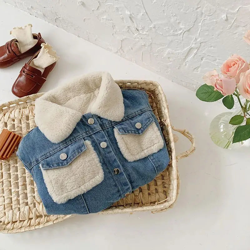 Boys Jacket Autumn and Winter New Children's Baby Plush Thickened Denim Coat  Children's Clothing Kids Winter Coats