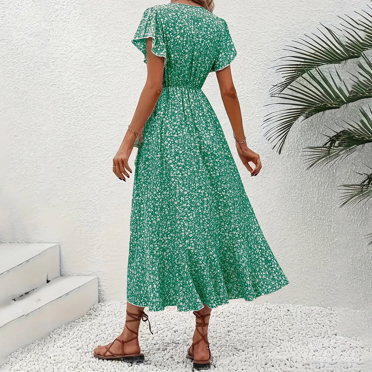 Women's Summer Flower Print Ruffle Dress Fashion 2025 Elegant Short Sleeve Wrap V Neck Tie Side Dresses