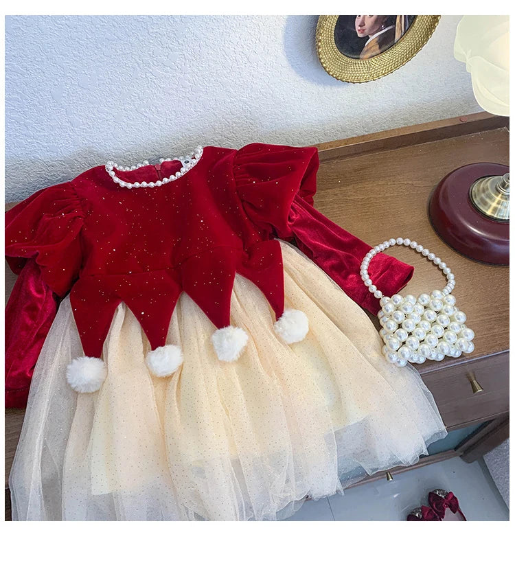 Winter Bow Sequin Dress for Girls' 2025 New Fashion Baby Red Christmas Dresses Velvet Patchwork Mesh A-line Princess Dress