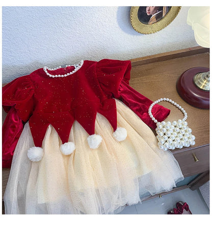 Winter Bow Sequin Dress for Girls' 2025 New Fashion Baby Red Christmas Dresses Velvet Patchwork Mesh A-line Princess Dress