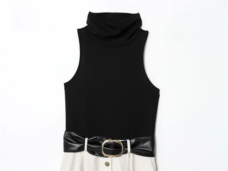 Women's Dress Summer 2025 New Color-blocked Sleeveless Belt Embellished Dress Long Dress Casual Fashion Temperament Elegance