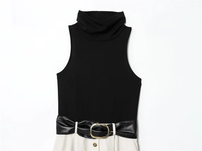 Women's Dress Summer 2025 New Color-blocked Sleeveless Belt Embellished Dress Long Dress Casual Fashion Temperament Elegance