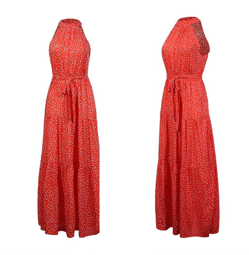 Summer Floral Print Halter Neck Dresses For Women Sleeveless Leace-up Long Dress Casual Beach Holiday Vestidos Female Clothing