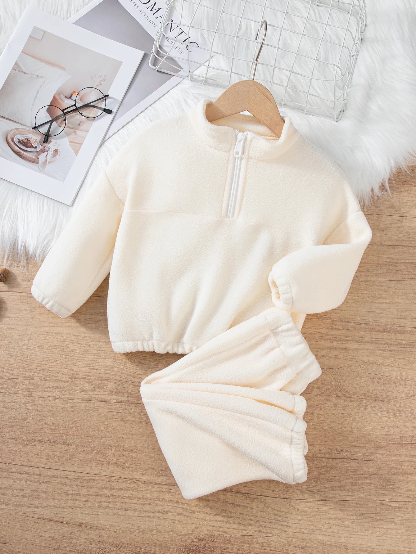 Girls Winter Casual Outfit Solid Color Fleece Thickened Hoodie Pants Clothes Set Half-Zip Children Sweater Sets