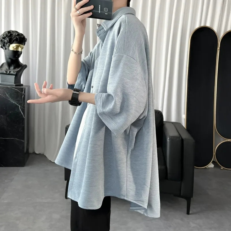 Summer Cool Men Short-sleeved Shirt Solid Color Fashion Plicated Casual Loose Button Shirt Male Clothing Tops