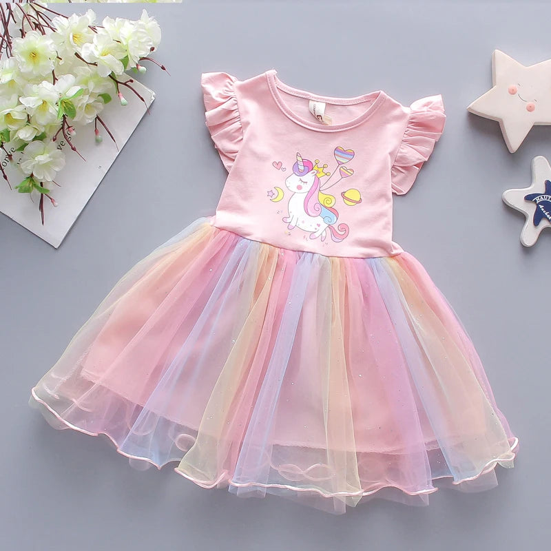 Girls Dress 2025 New Summer Princess Dresses Flying Sleeve Kids Clothes Unicorn Party Baby Dresses For Children Clothing 3-8Y