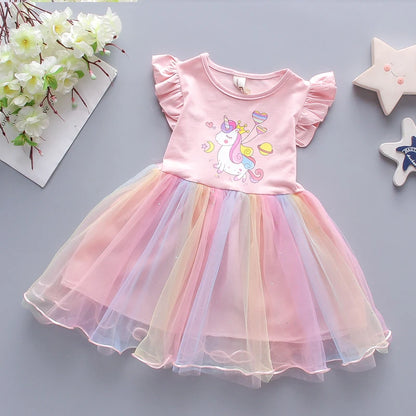 Girls Dress 2025 New Summer Princess Dresses Flying Sleeve Kids Clothes Unicorn Party Baby Dresses For Children Clothing 3-8Y