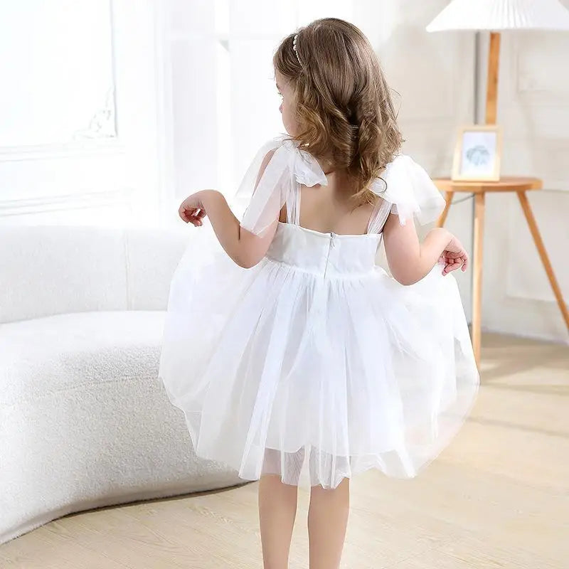 Flower Girl Dresses Pink Tulle Puffy With Bow Sleeveless Toddler Girls Baptism Wedding Birthday Party Dress Leisure Frocks