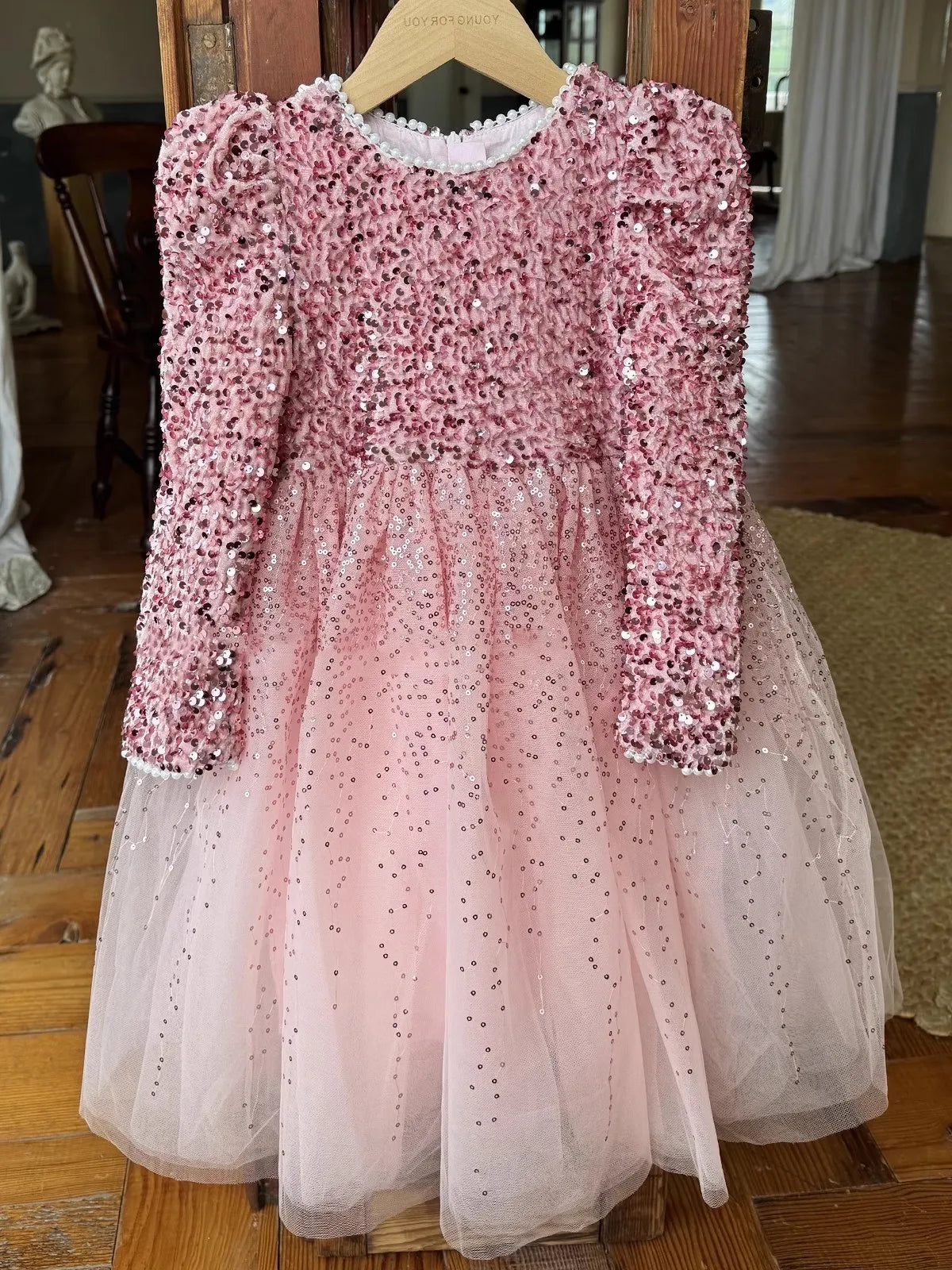 Winter Baby Girls Sequin Work Fleece Lined 4-Layer Mesh Zip Back Dresses with Head Veil Kids Outfit Children Sweet Skirt 2-8 Yr