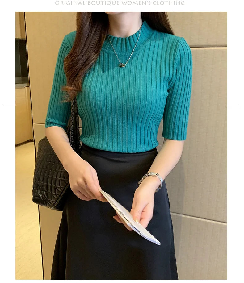 Fall Korean Style Women's Sweaters Solid Color Slim Fit Half Sleeve Knitted Pullover Jumpers Basic WomanTshirt T-shirt Tee Shirt