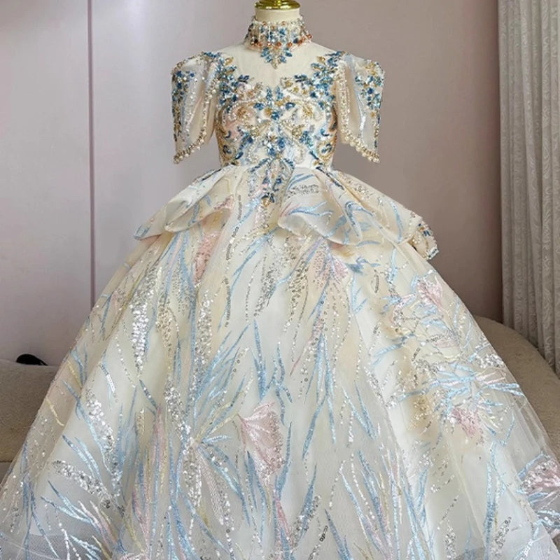 Girls Summer Party Dress Puffy PrincessFlower Pageant Host Formal Gown Girl Outfit Piano Recital Performance Birthday Wedding