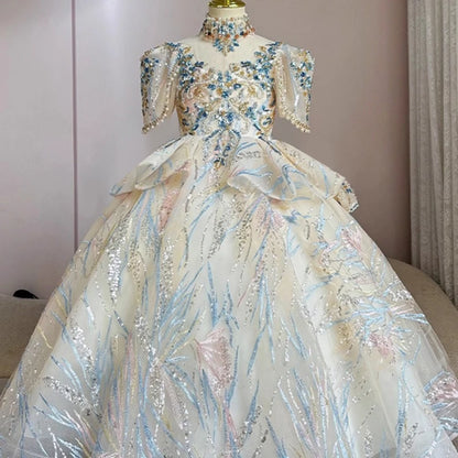 Girls Summer Party Dress Puffy PrincessFlower Pageant Host Formal Gown Girl Outfit Piano Recital Performance Birthday Wedding