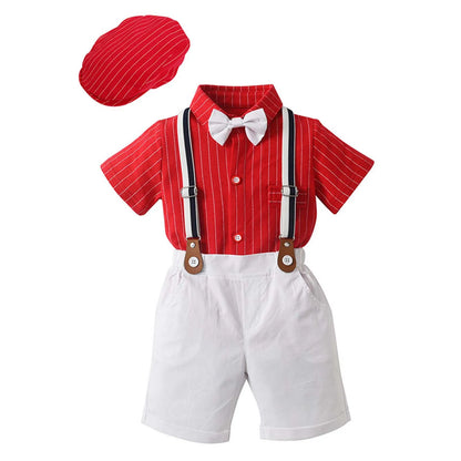 Baby Boys Summer Short Sleeve Lapel Bow Tie Romper with Suspender Shorts Beret Christening Birthday Wedding Party Gentlemen Suit