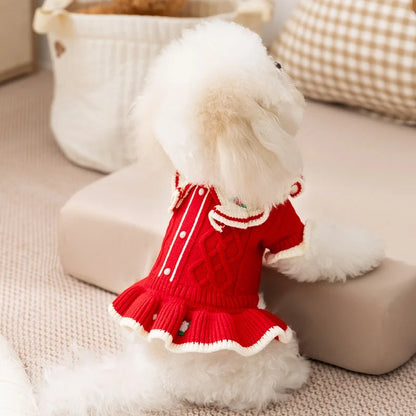 Winter Warm Pet Dog Clothes Luxury Dog Knitten Dress Cute Soft Puppy Princess Skirt Flower Print Cat Dresses Pet Sweater Clothes
