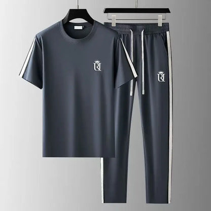 Summer Men's Casual Sportswear Set, Summer Fashion 2-Piece co ord set With Short Sleeve T-Shirt & Side Stripe Pants