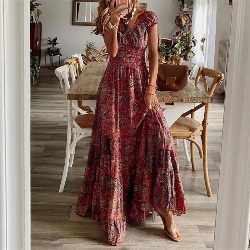 Women's Summer New Ethnic Style Printed Dress  Short-sleeved Waist Dress Fashionable Floral Petal Sleeves Large Hem A-line Dress