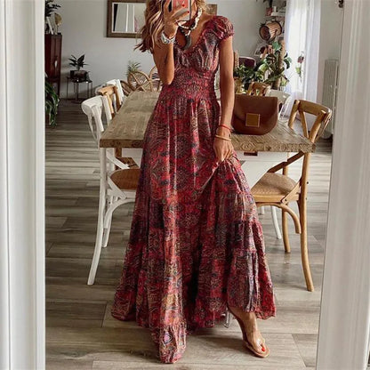 Women's Summer New Ethnic Style Printed Dress  Short-sleeved Waist Dress Fashionable Floral Petal Sleeves Large Hem A-line Dress