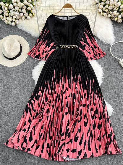 Women's Summer Dress Light Mature Style Retro Style Ruffled 5/4 Sleeves Round Neck Waist Shrinking Print A-line Dress D3971