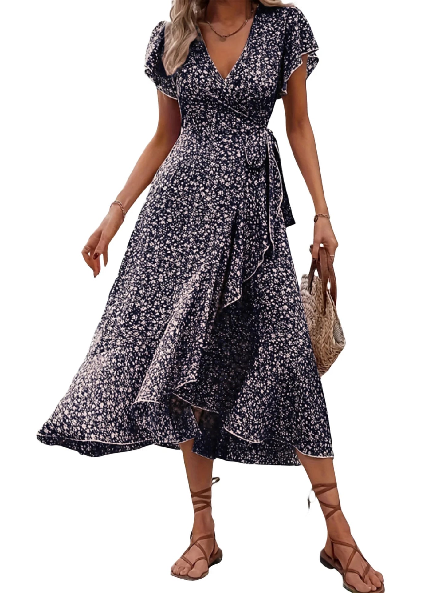 Women's Summer Flower Print Ruffle Dress Fashion 2025 Elegant Short Sleeve Wrap V Neck Tie Side Dresses